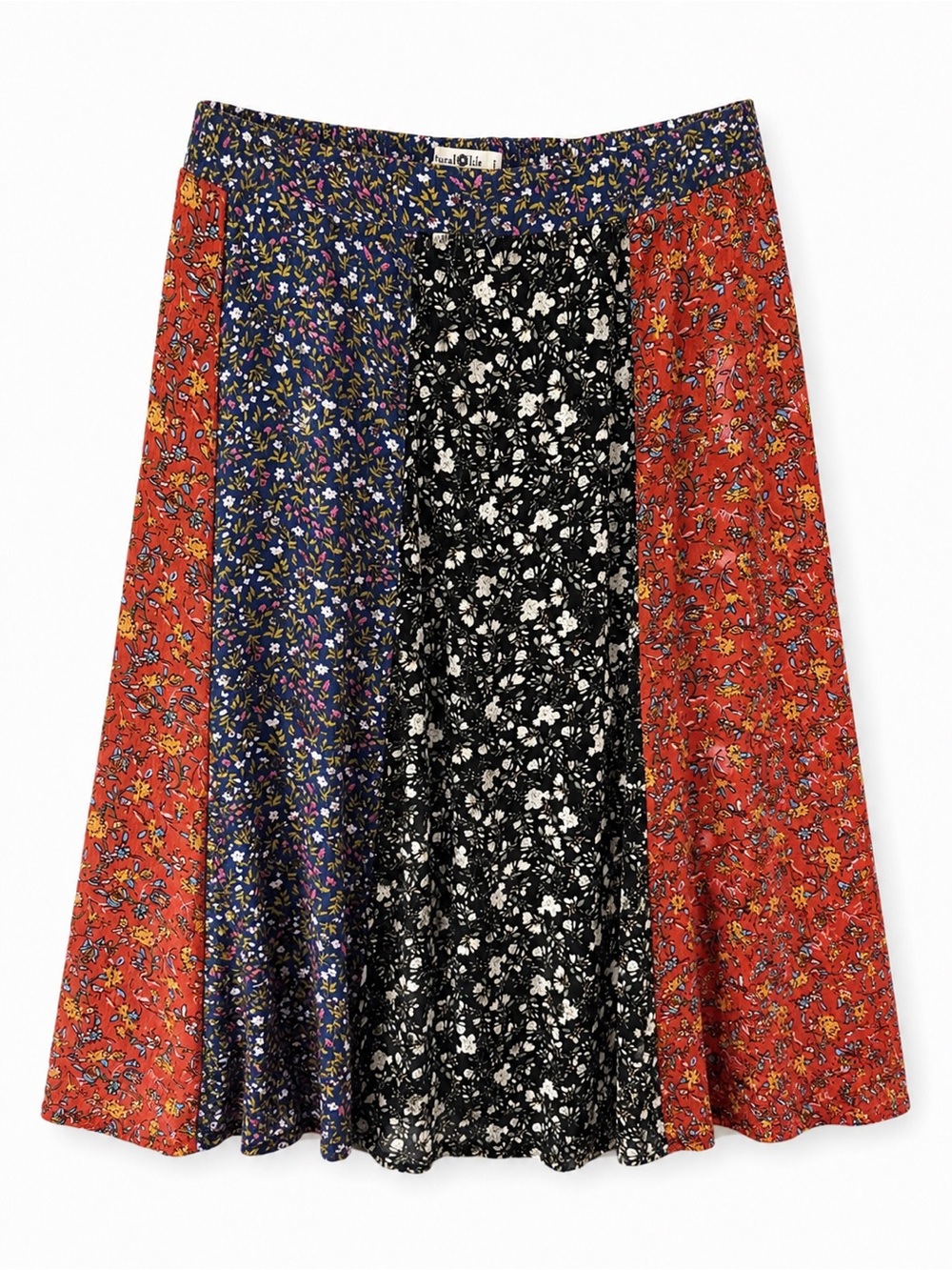 NATURAL LIFE Patchwork Floral Midi Skirt in Black, Blue, and Red